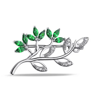 Серебряная брошь с изумрудами и фианитами  (арт. 7505/660Измбп)