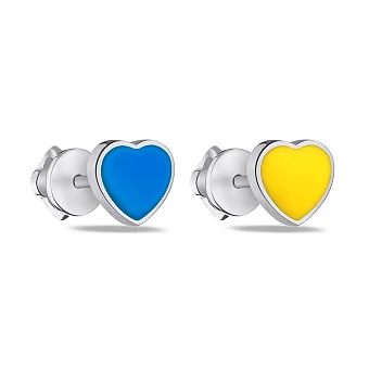 Сережки-пусети зі срібла Сердечка з синьою та жовтою емаллю (арт. 7518/0797егжсю)